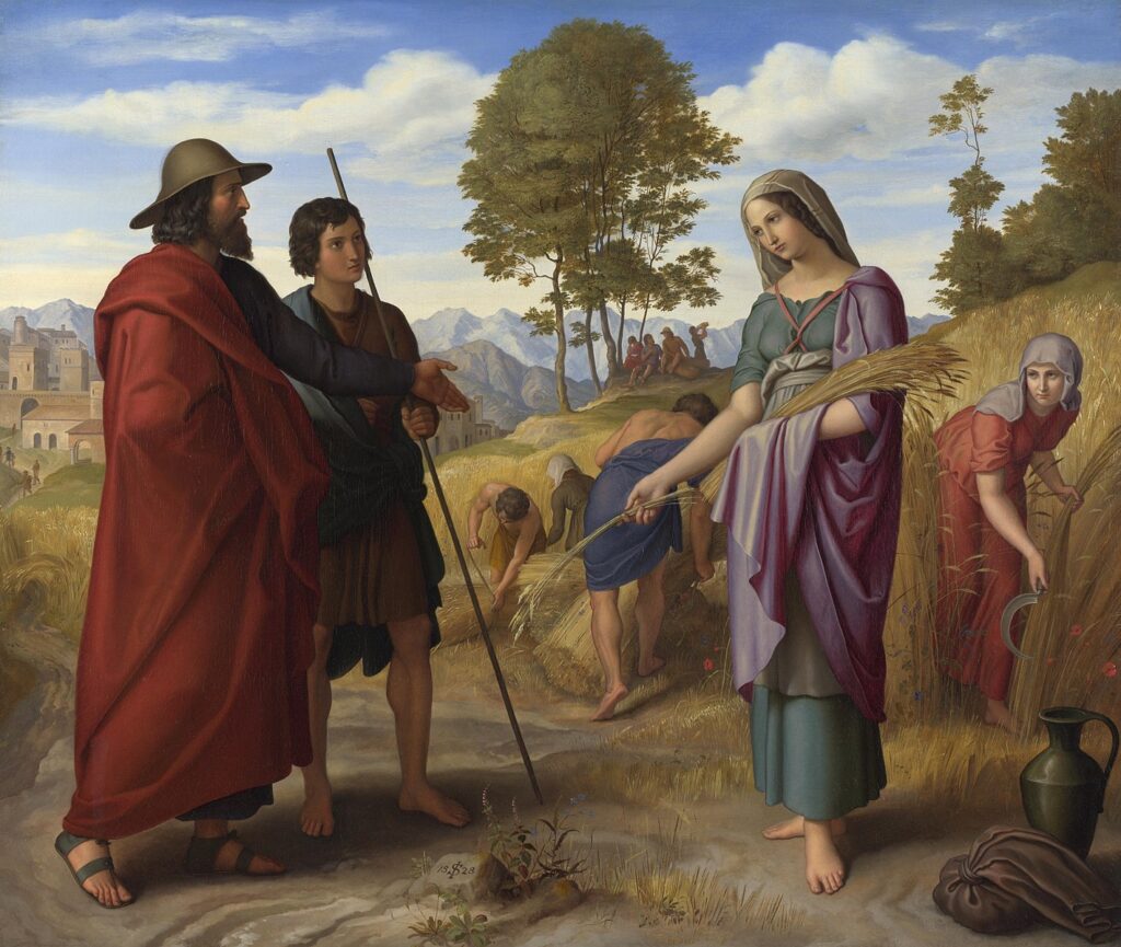 ruth in the bible harvesting barley with boaz looking on