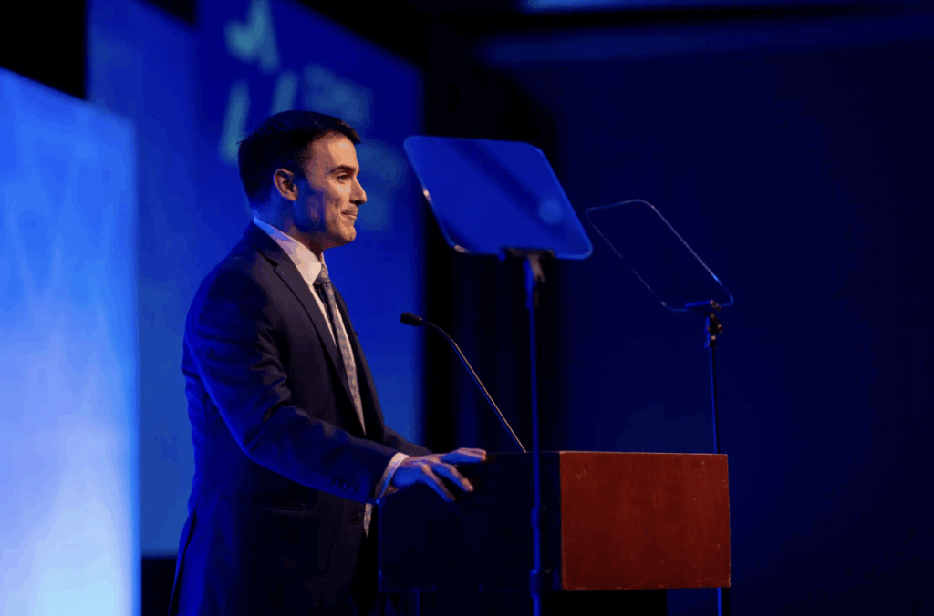 CAM Director EJ Kimball speaking at the Christian Leadership Summit to young Christian leaders who support Israel about antisemitism 