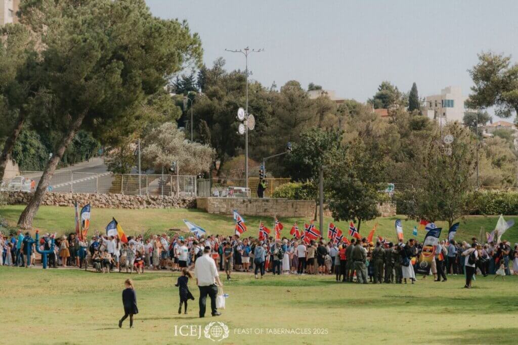 At the Feast of Tabernacles 2025 Pilgrims line the walkway at Sacher Park in Jerusalem