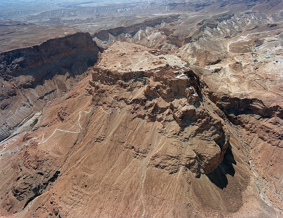 Ariel view of Herod's palace complex on the north side Masada in Israel