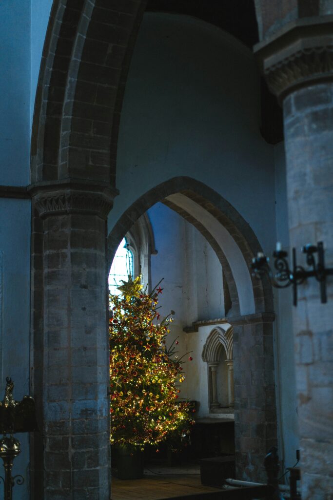 A picture of a Christmas tree in an old church for an article about whether Christmas has pagan roots.