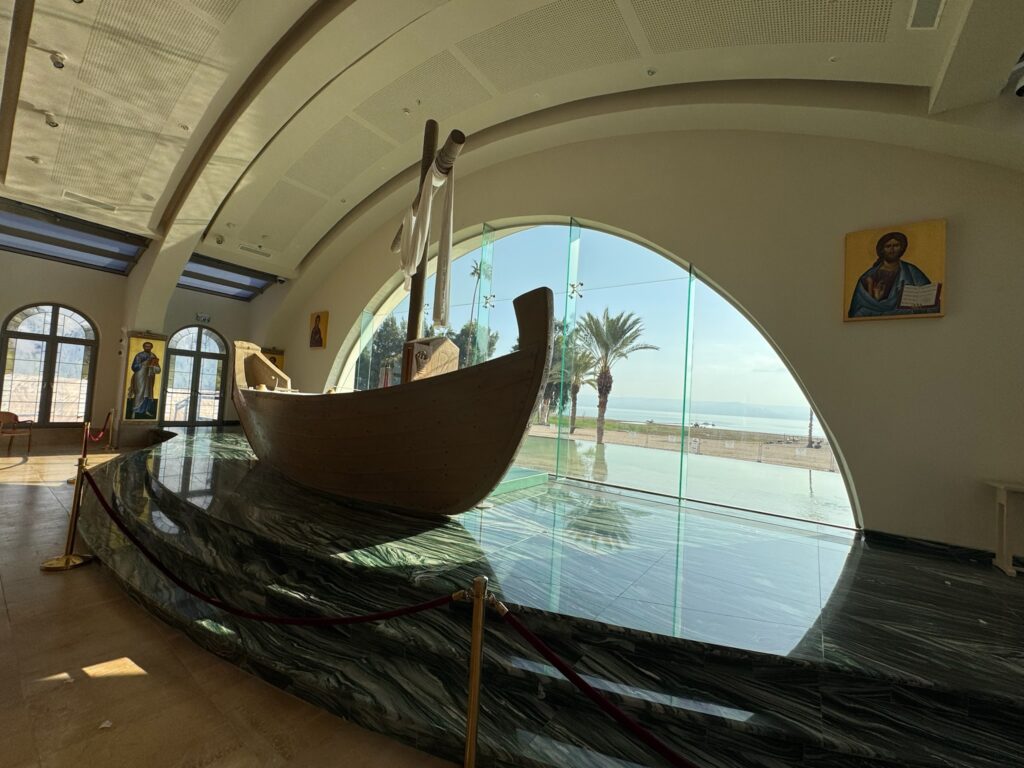 Picture shows nside the Duc In Altum chapel at Magdala the boat altar