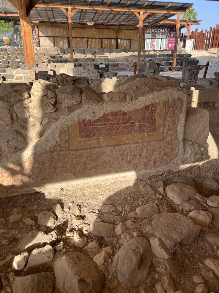 Picture shows original frescoes still clinging to the walls of the Magdala synagogue