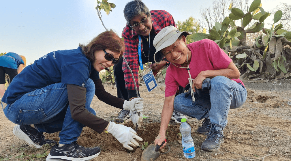 Photo of tour members working in the garden