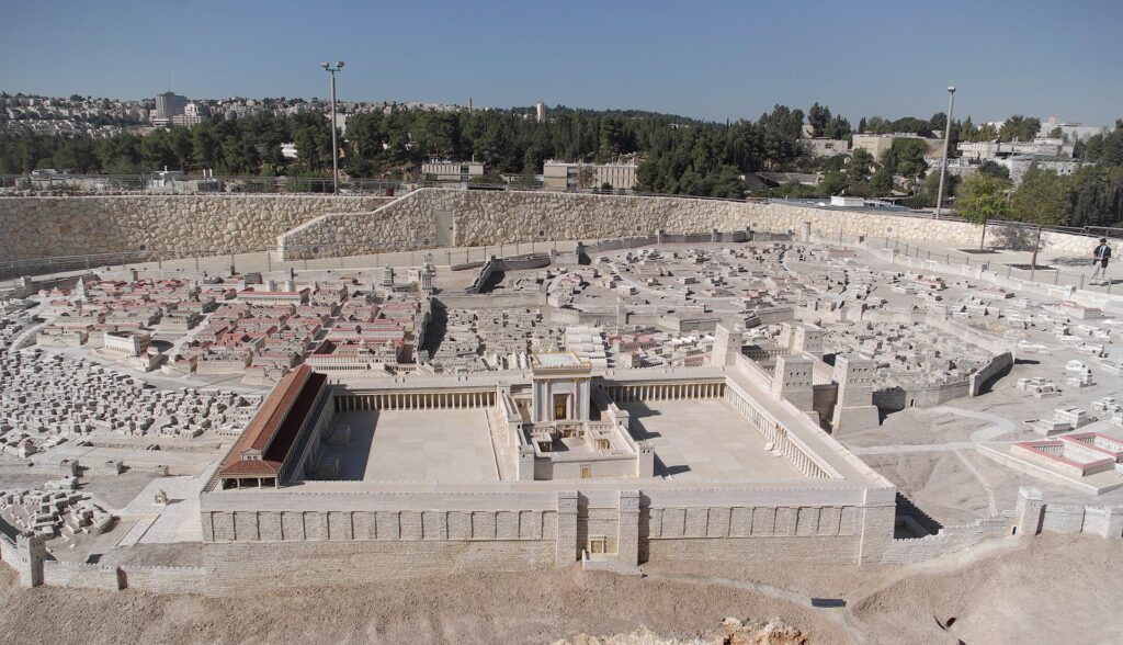 A model of Herod’s Temple adjacent to the Shrine of the Book exhibit at the Israel Museum, Jerusalem