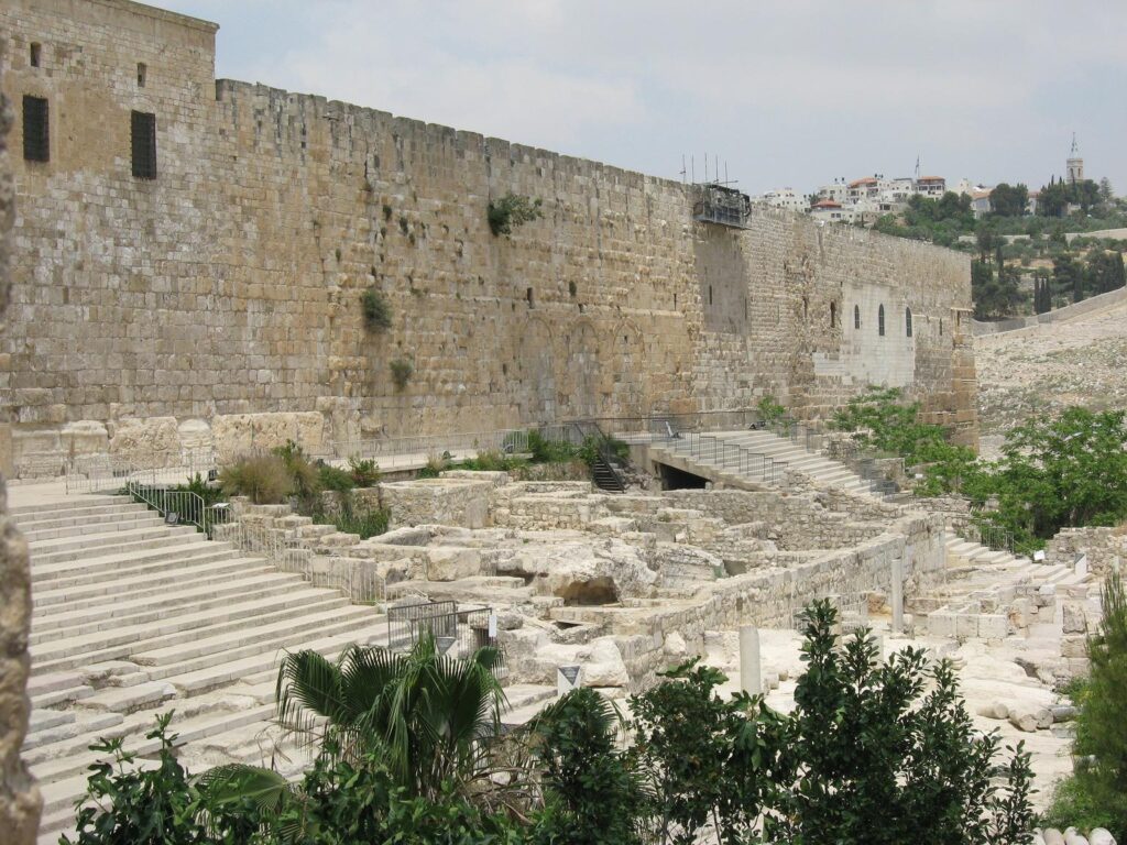The Southern Wall of the Temple Mount enclosure, showing stairs leading to the triple Hulda gates, where it is believed Jesus taught His disciples.