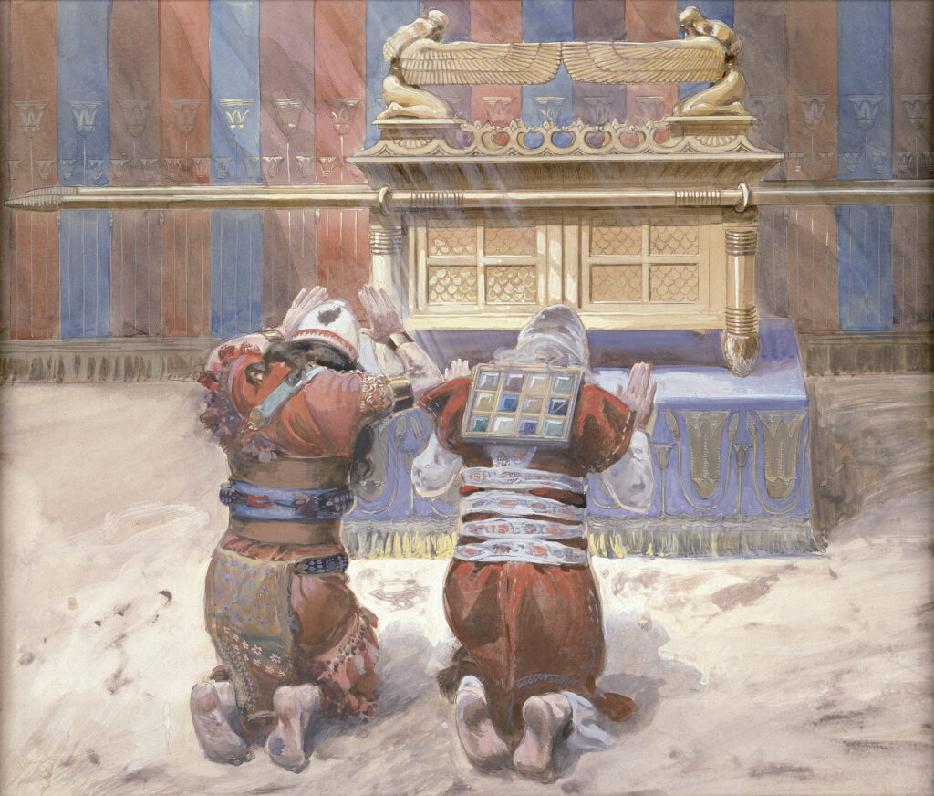 Moses and Joshua bow before the ark of the covenant in the tabernacle (James Jacques Joseph Tissot, c. 1896-1902, Wikimedia Commons)